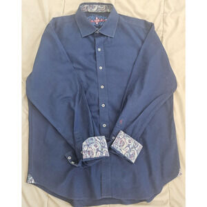 Robert Graham Mens Flip Cuff Button Down Shirt Size XL Paisley Print Navy